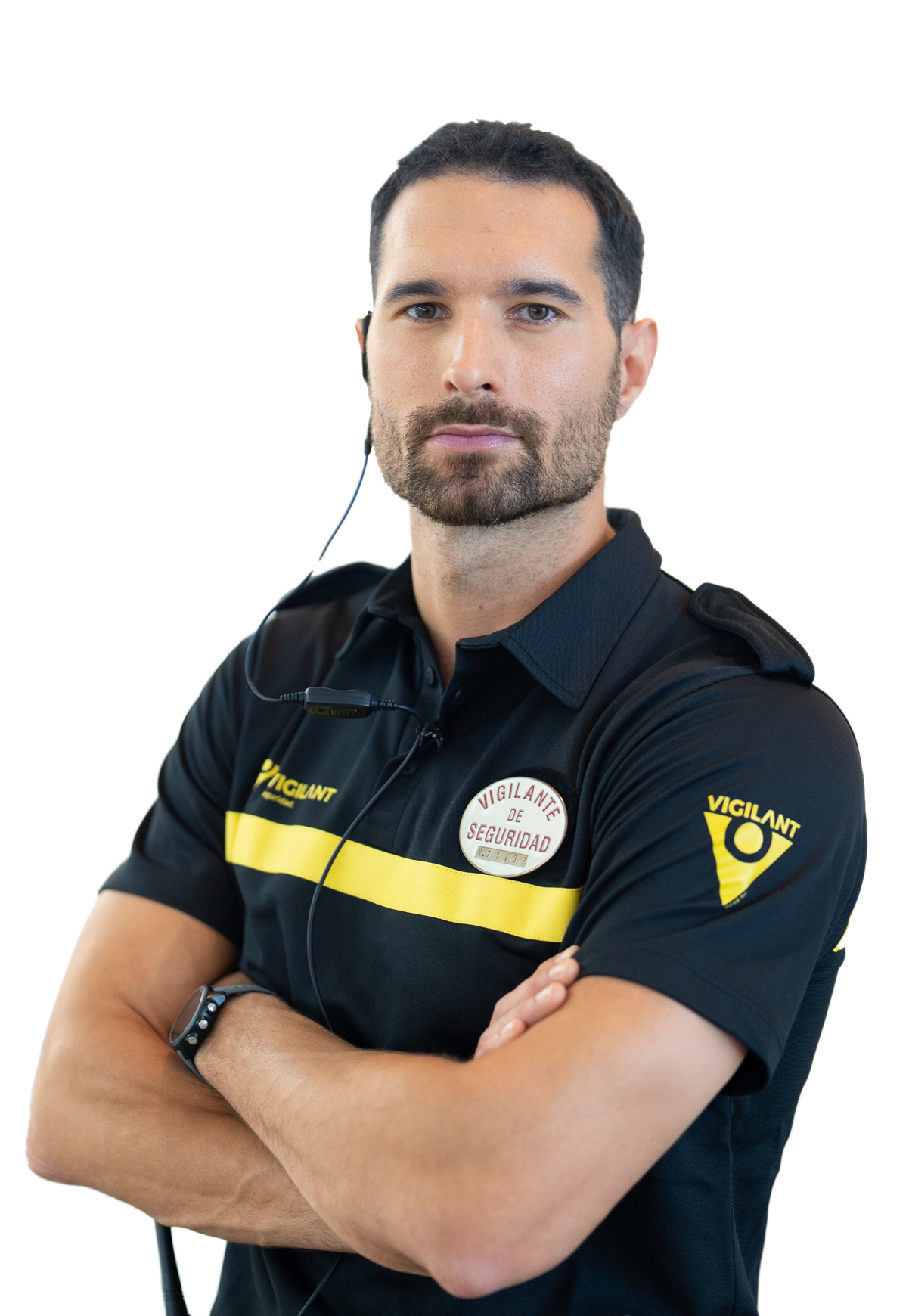 Vigilante de seguridad de Grupo Vigilant posando con los brazos cruzados
